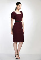 Wine Bodycon Cotton Spandex Midi Dress with Belt
