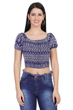 Navy Blue Geometric Print Smocked Crop Top