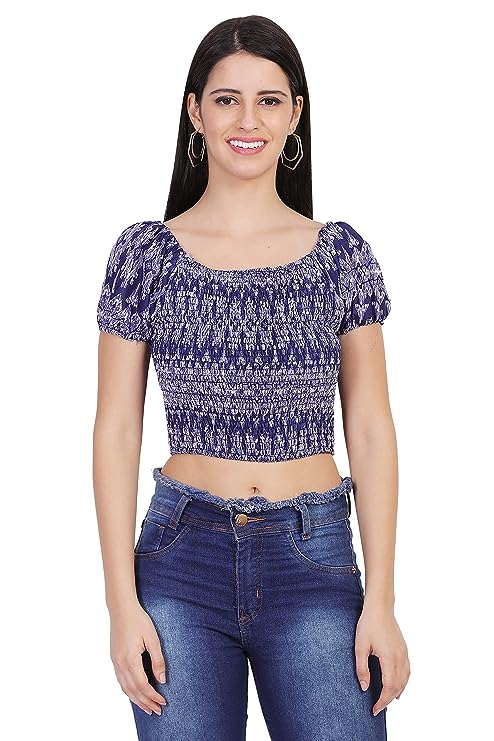Navy Blue Geometric Print Smocked Crop Top