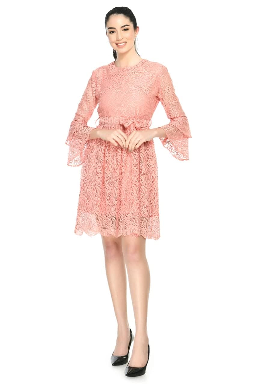 Peach Lace Bell Sleeve A-Line Dress with Tie-Up Waist
