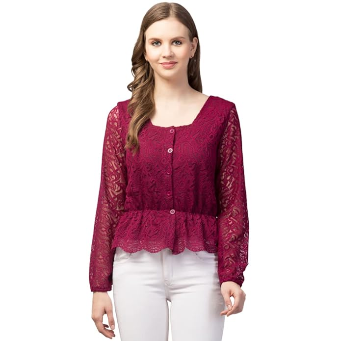 Wine Lace Button-Down Peplum Top