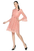 Peach Lace Bell Sleeve A-Line Dress with Tie-Up Waist