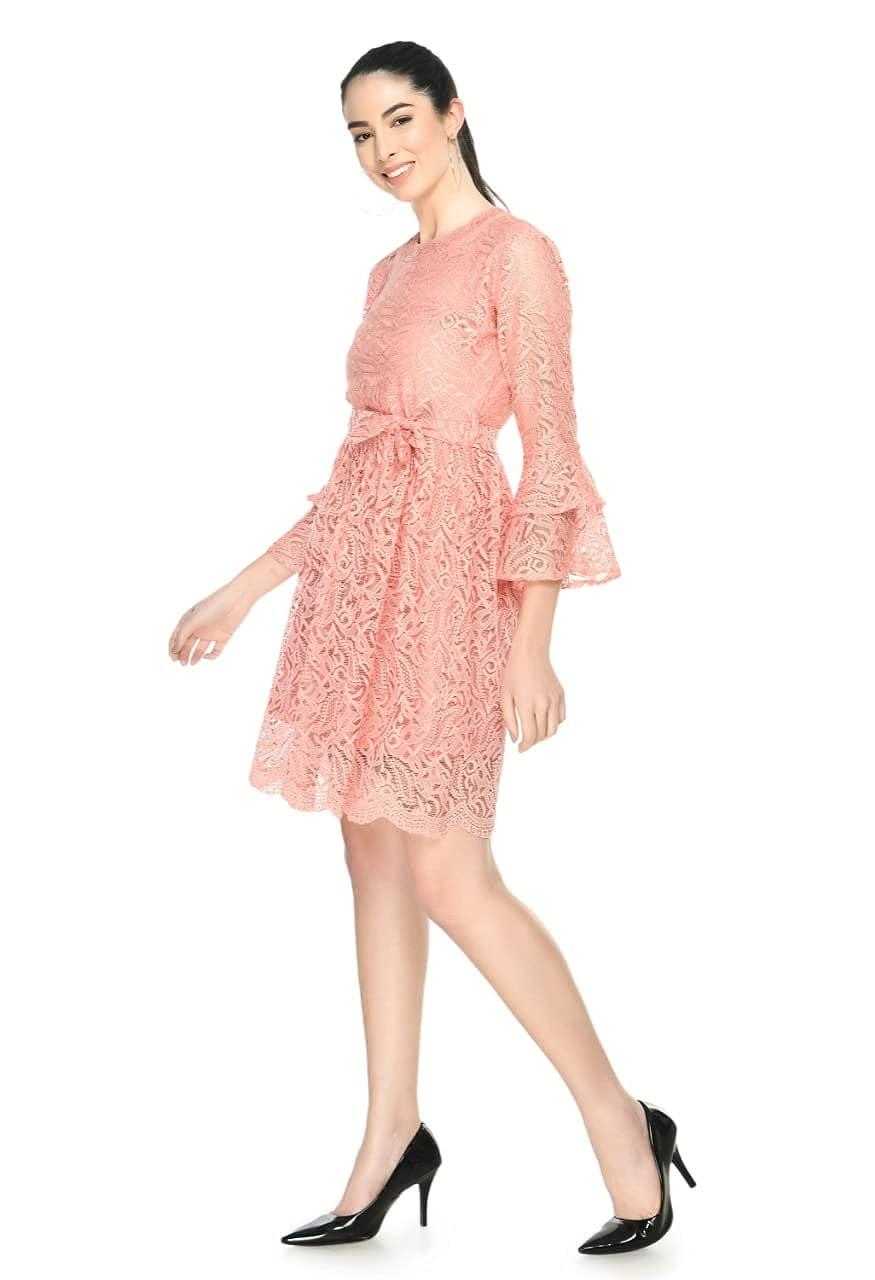 Peach Lace Bell Sleeve A-Line Dress with Tie-Up Waist