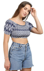 Navy Blue Geometric Print Smocked Crop Top
