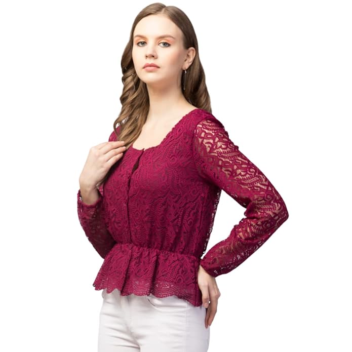 Wine Lace Button-Down Peplum Top
