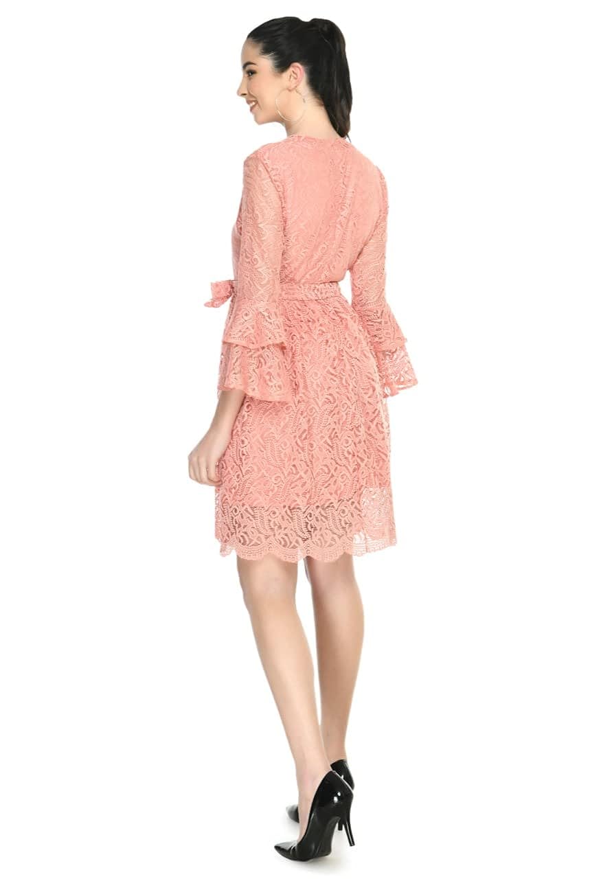 Peach Lace Bell Sleeve A-Line Dress with Tie-Up Waist