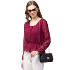 Wine Lace Button-Down Peplum Top
