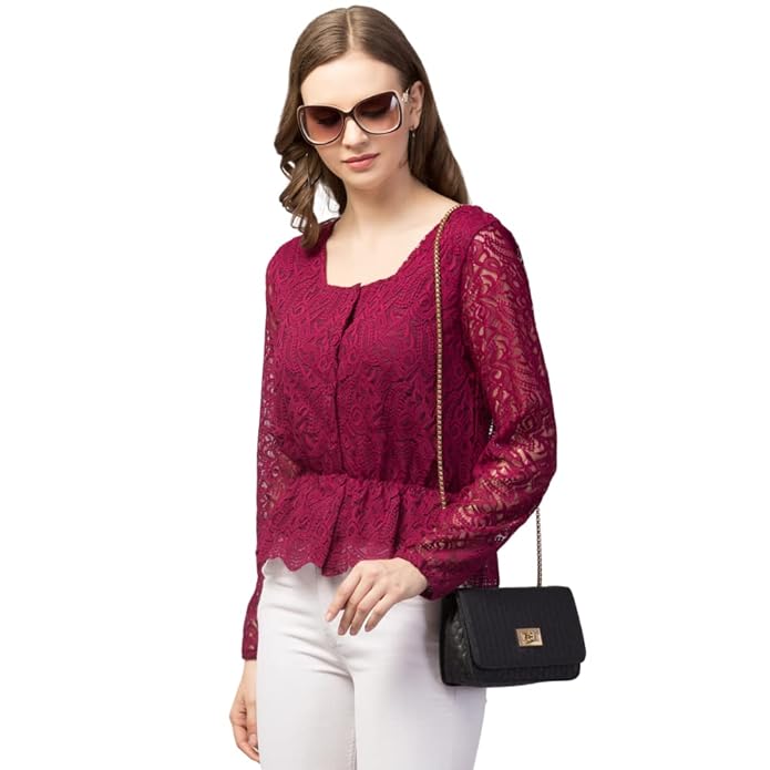 Wine Lace Button-Down Peplum Top