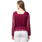 Wine Lace Button-Down Peplum Top