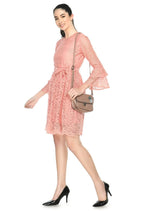 Peach Lace Bell Sleeve A-Line Dress with Tie-Up Waist