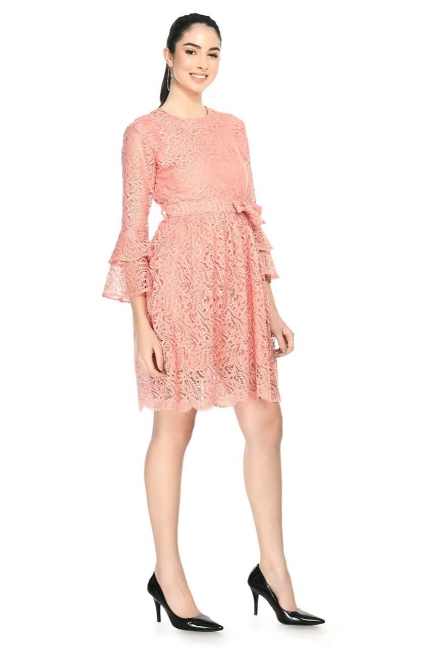Peach Lace Bell Sleeve A-Line Dress with Tie-Up Waist