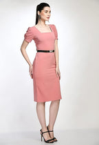 Peach Bodycon Cotton Spandex Midi Dress with Belt