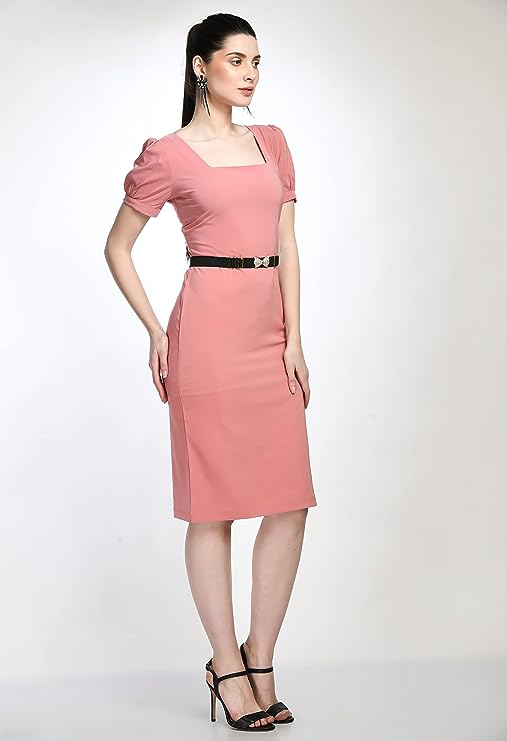 Peach Bodycon Cotton Spandex Midi Dress with Belt