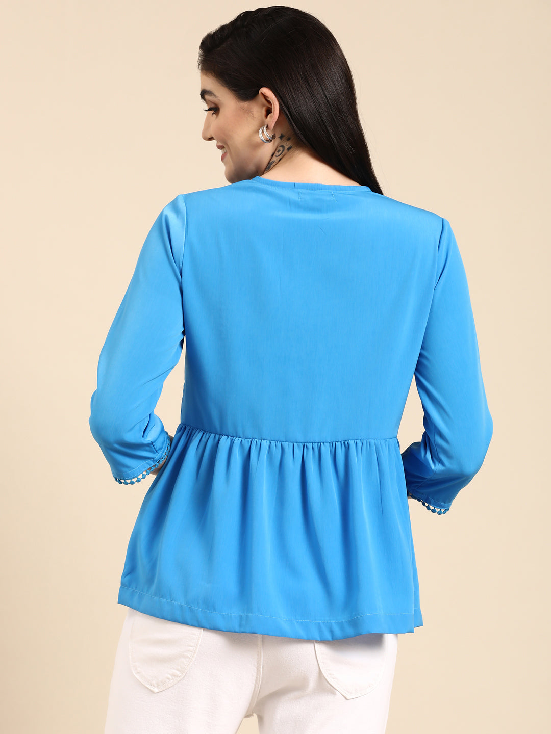Vibrant Blue Muslin Tasseled Peplum Top
