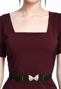 Wine Bodycon Cotton Spandex Midi Dress with Belt