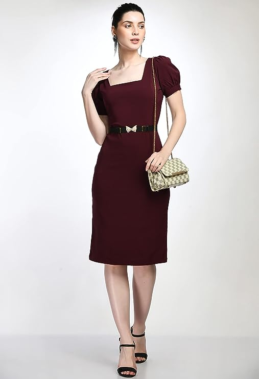 Wine Bodycon Cotton Spandex Midi Dress with Belt