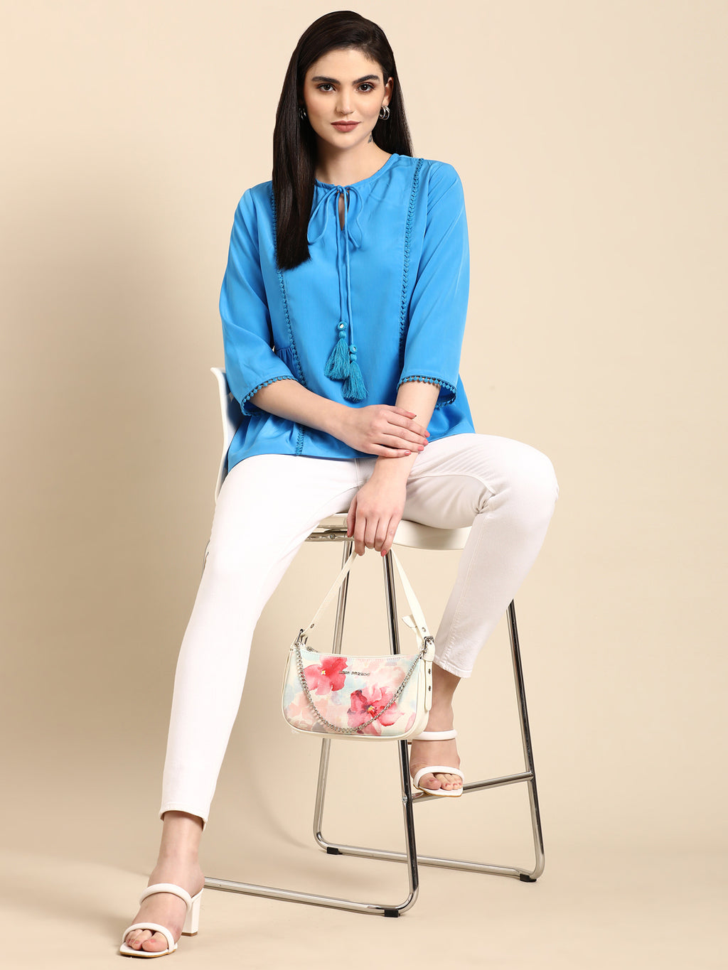 Vibrant Blue Muslin Tasseled Peplum Top
