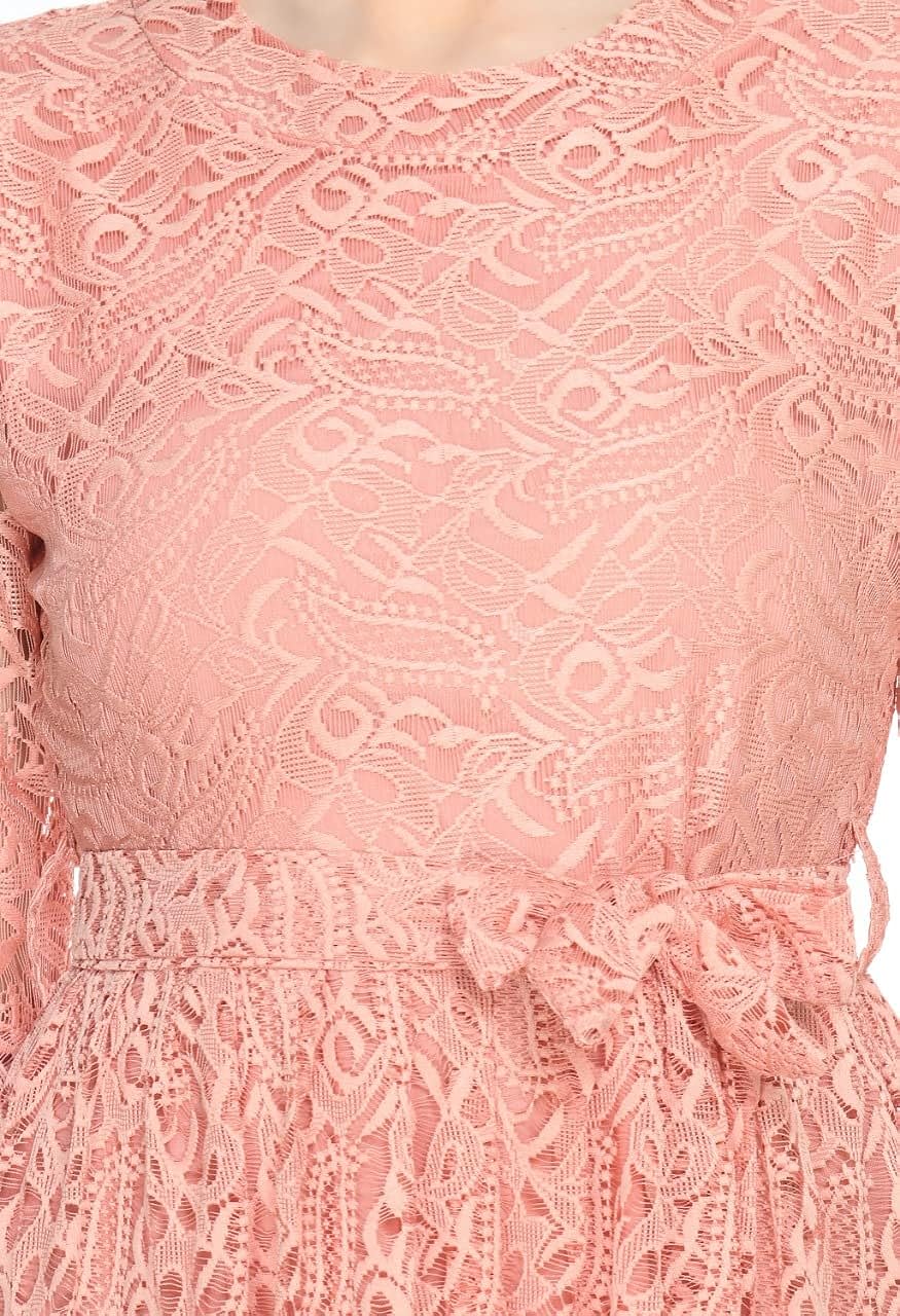 Peach Lace Bell Sleeve A-Line Dress with Tie-Up Waist