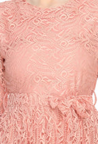 Peach Lace Bell Sleeve A-Line Dress with Tie-Up Waist
