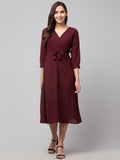 Wine V-Neck Wrap Midi Dress