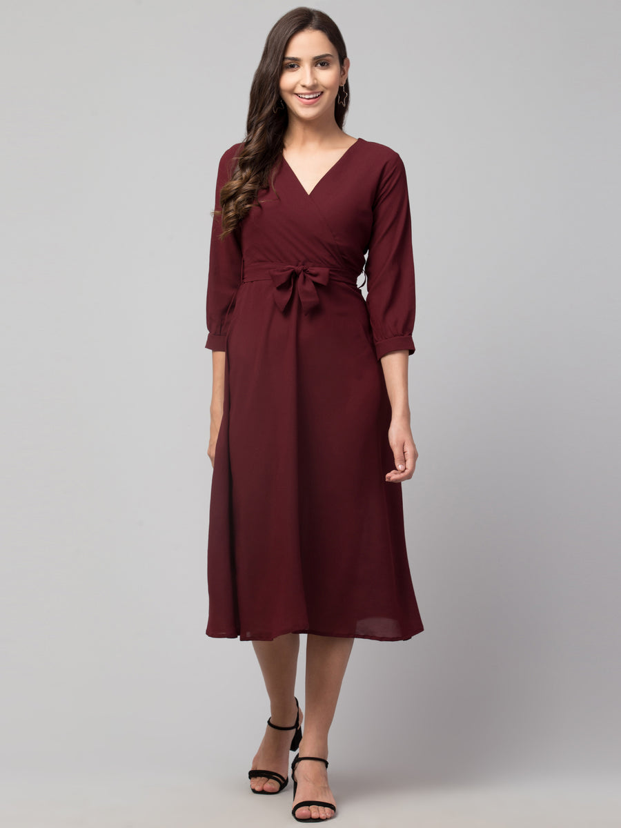 Wine V-Neck Wrap Midi Dress