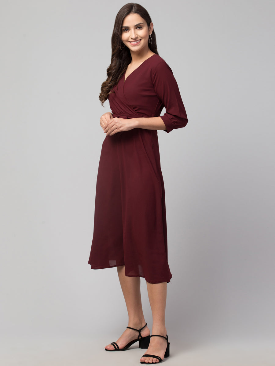 Wine V-Neck Wrap Midi Dress