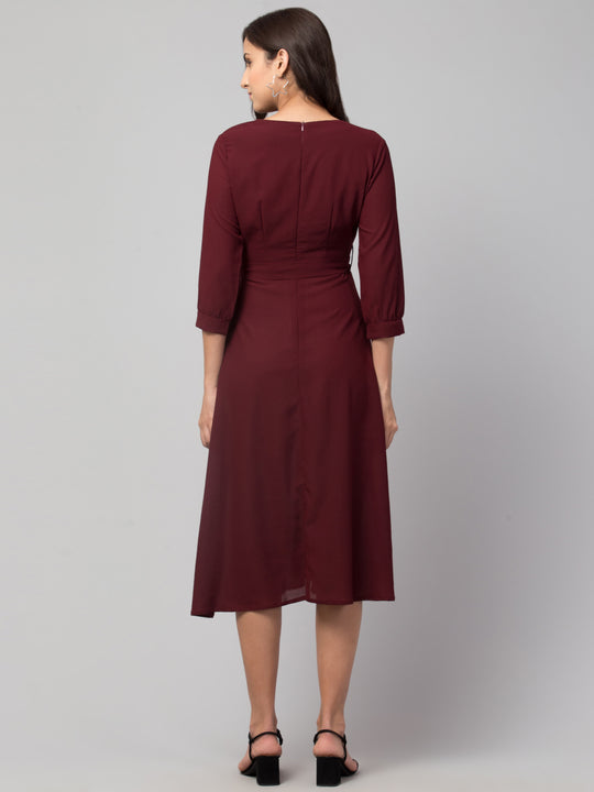 Wine V-Neck Wrap Midi Dress