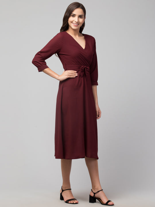 Wine V-Neck Wrap Midi Dress