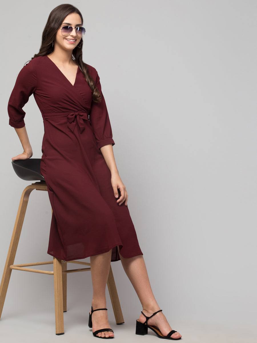 Wine V-Neck Wrap Midi Dress