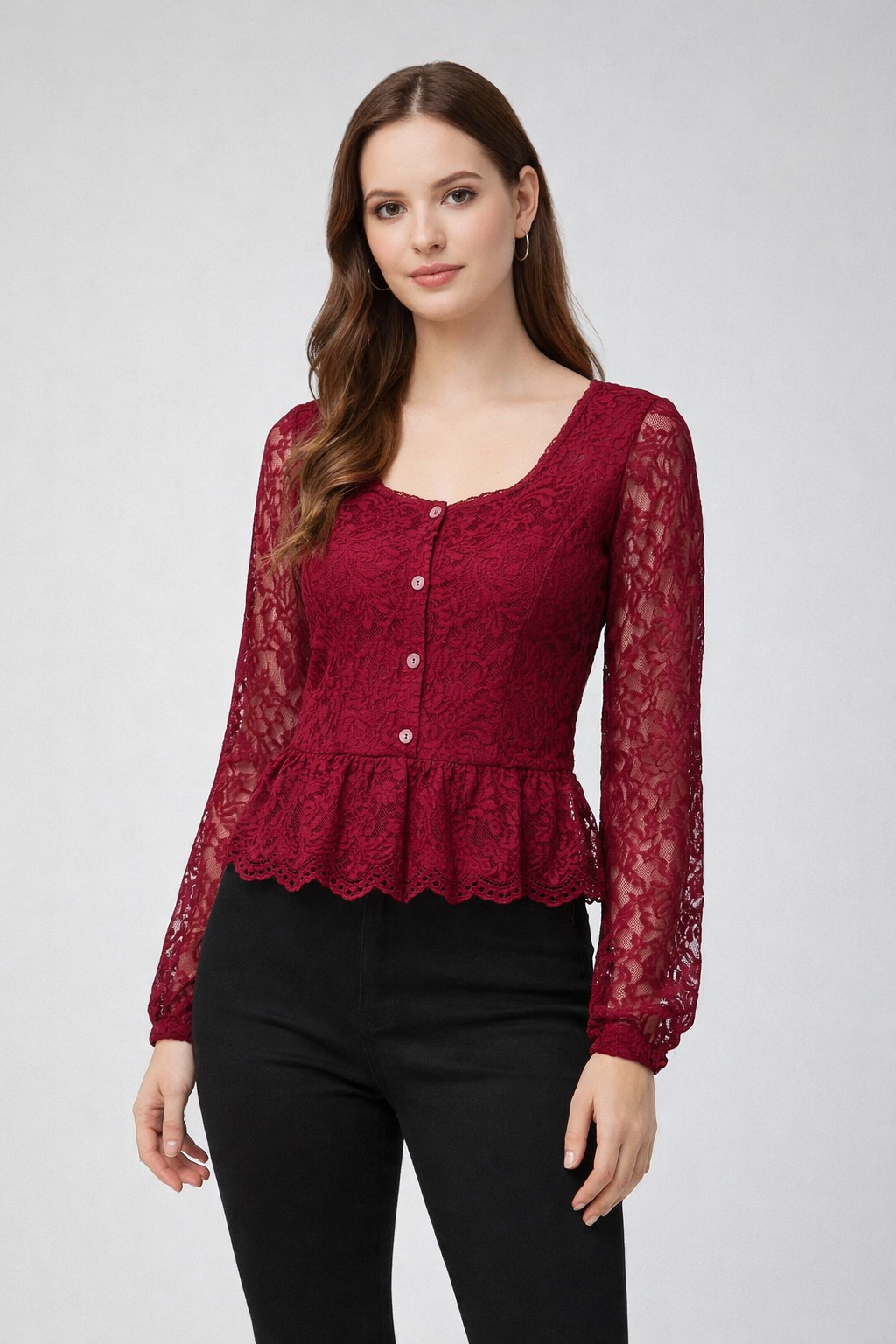 Wine Lace Button-Down Peplum Top