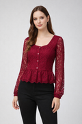 Wine Lace Button-Down Peplum Top