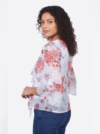 RED FLORAL PRINTED GEORGETTE RUFFLED TOP