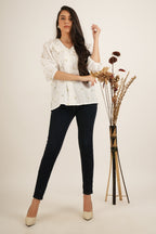 Off-White Cotton Floral Embroidered Ruffled Collar Shirt