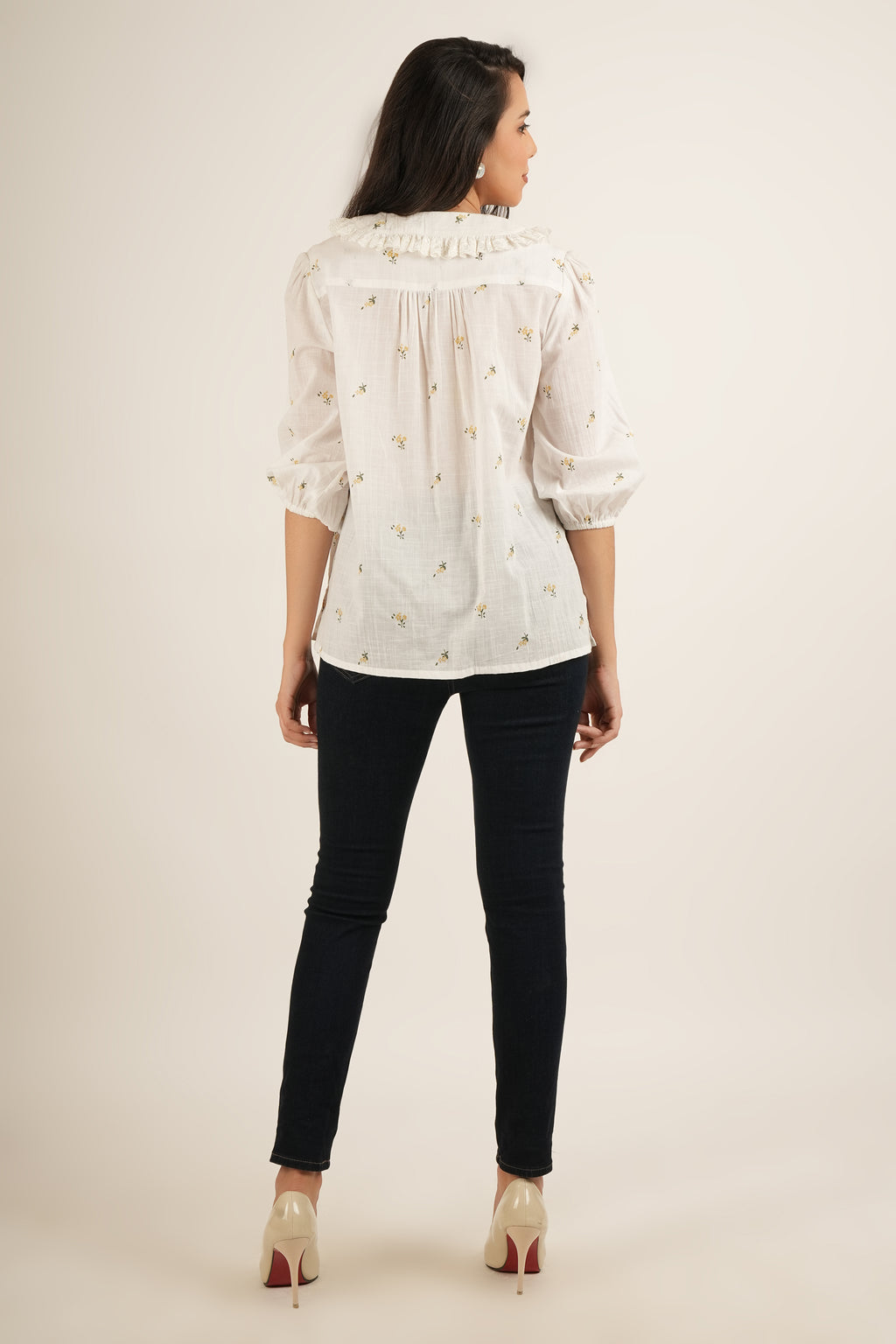 Off-White Cotton Floral Embroidered Ruffled Collar Shirt