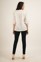 Off-White Cotton Floral Embroidered Ruffled Collar Shirt
