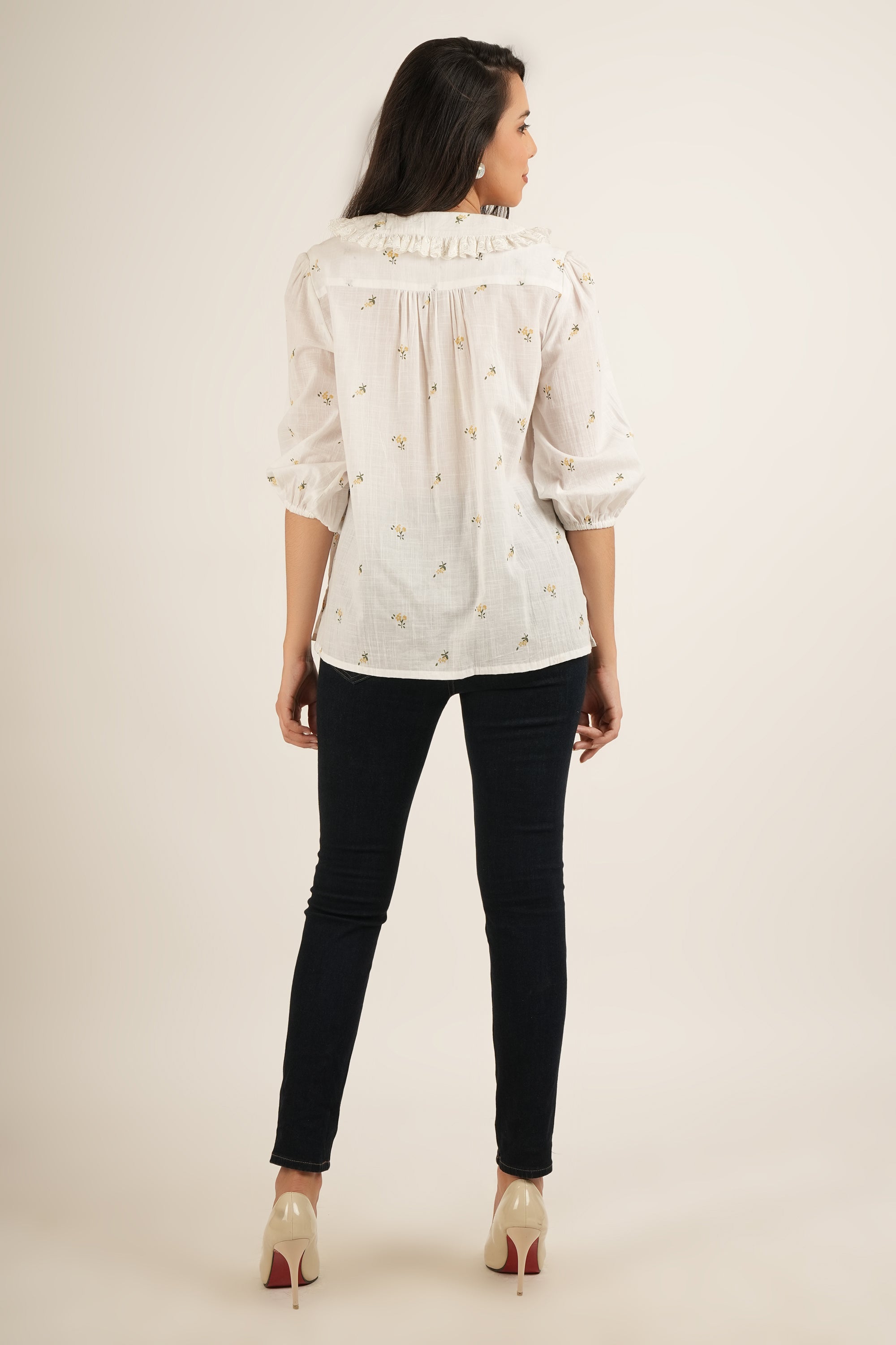Off-White Cotton Floral Embroidered Ruffled Collar Shirt