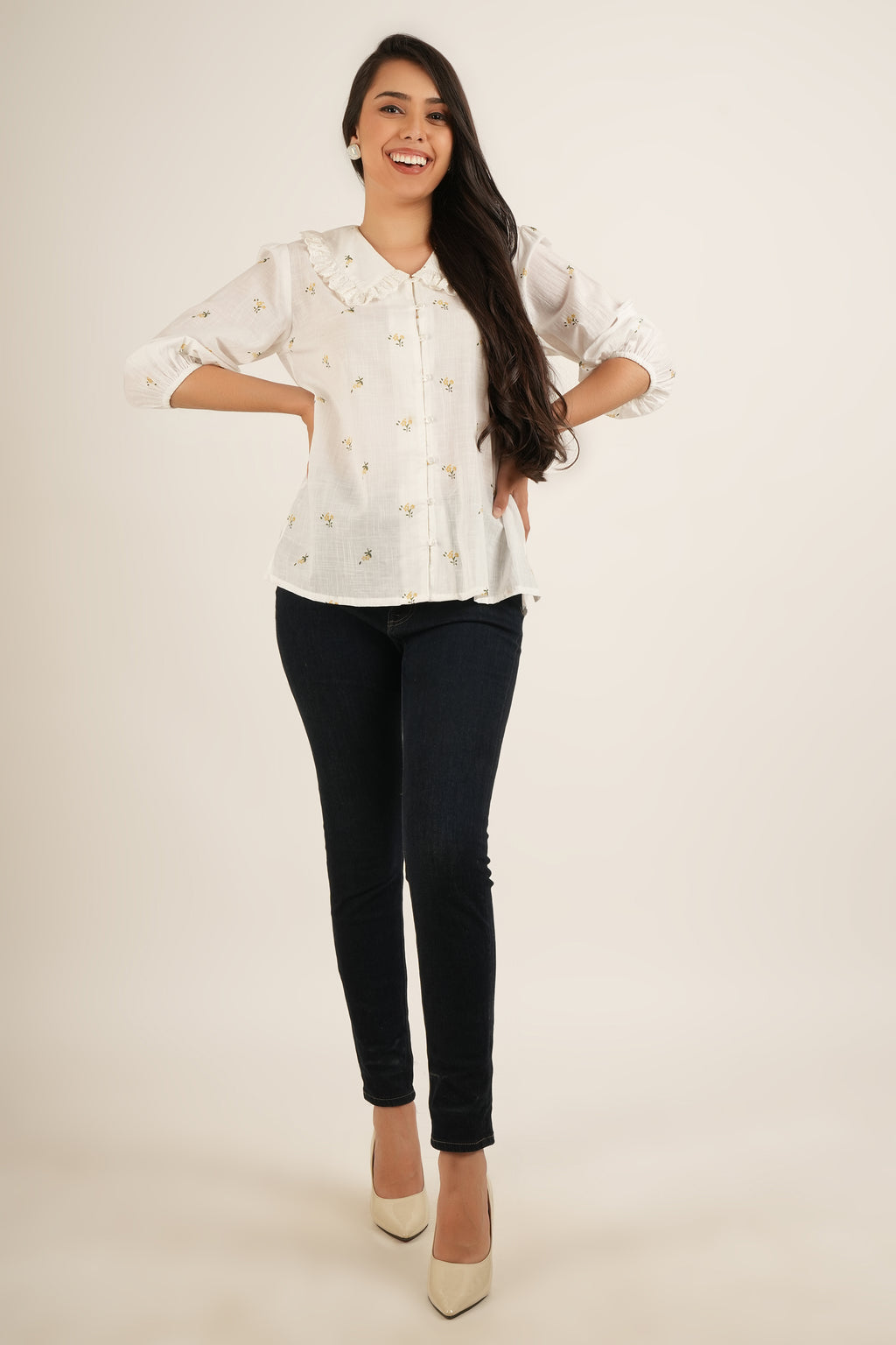 Off-White Cotton Floral Embroidered Ruffled Collar Shirt