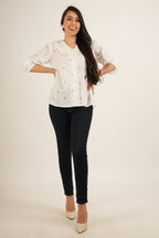 Off-White Cotton Floral Embroidered Ruffled Collar Shirt