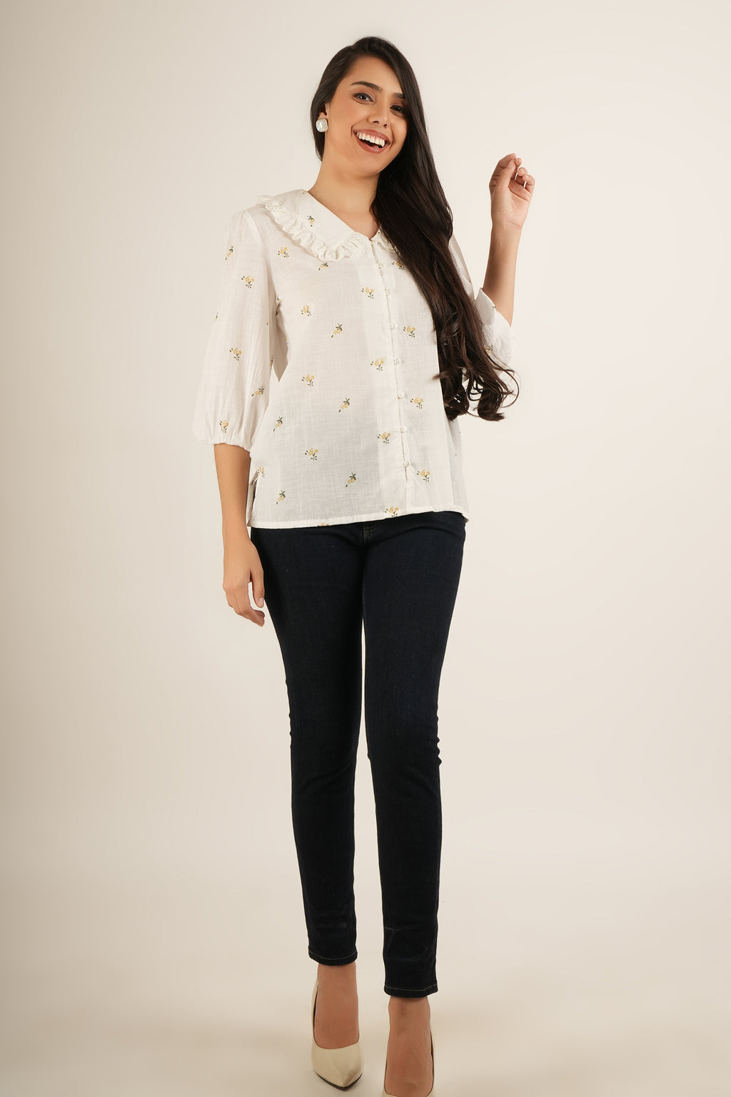 Off-White Cotton Floral Embroidered Ruffled Collar Shirt