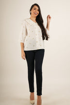 Off-White Cotton Floral Embroidered Ruffled Collar Shirt