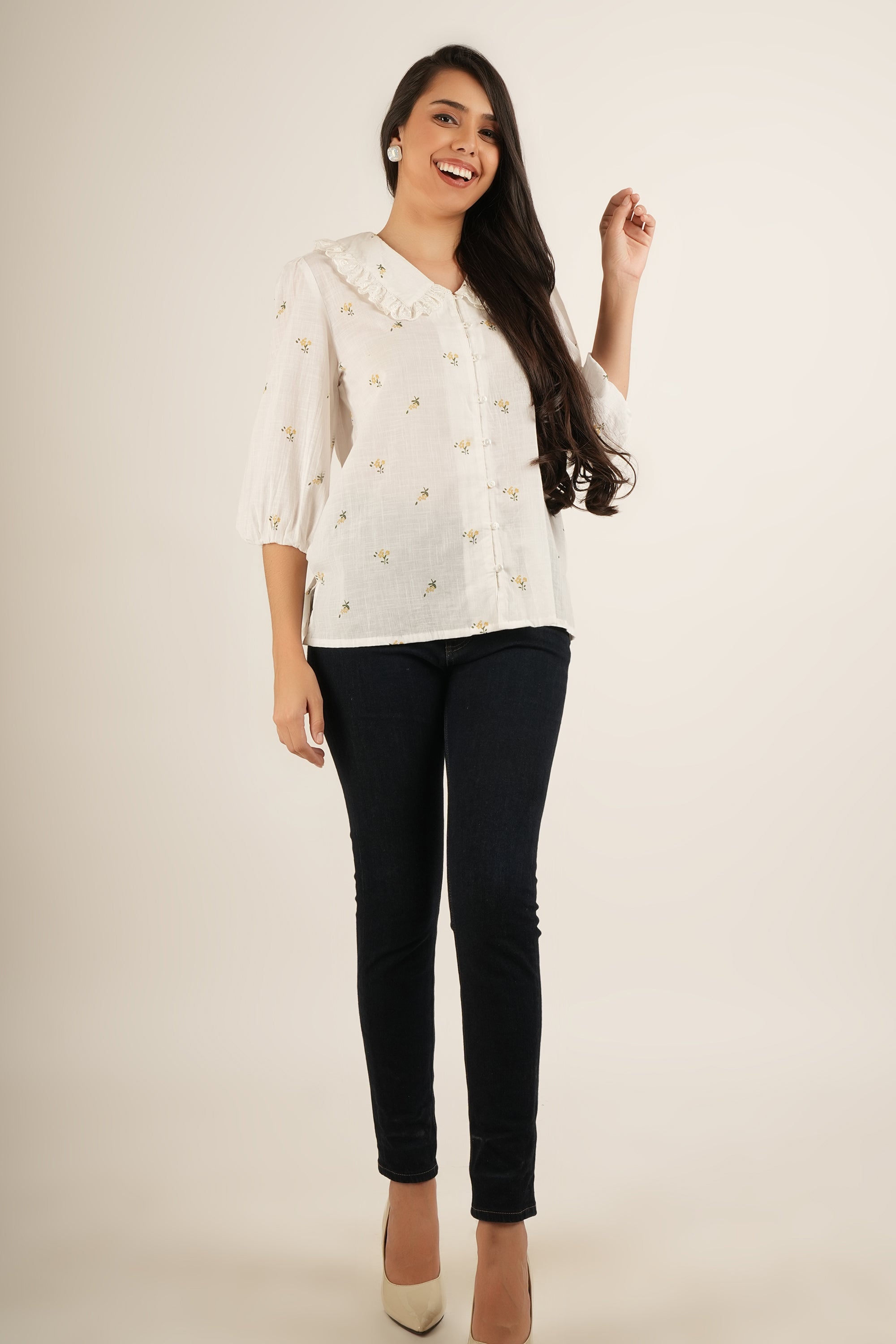 Off-White Cotton Floral Embroidered Ruffled Collar Shirt