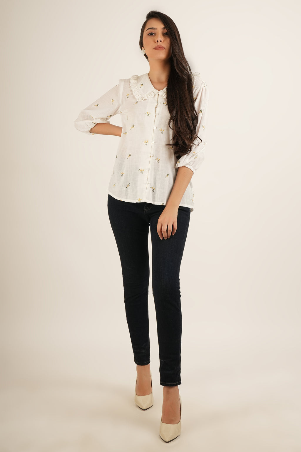 Off-White Cotton Floral Embroidered Ruffled Collar Shirt