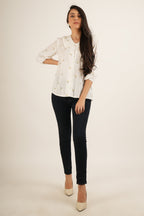 Off-White Cotton Floral Embroidered Ruffled Collar Shirt