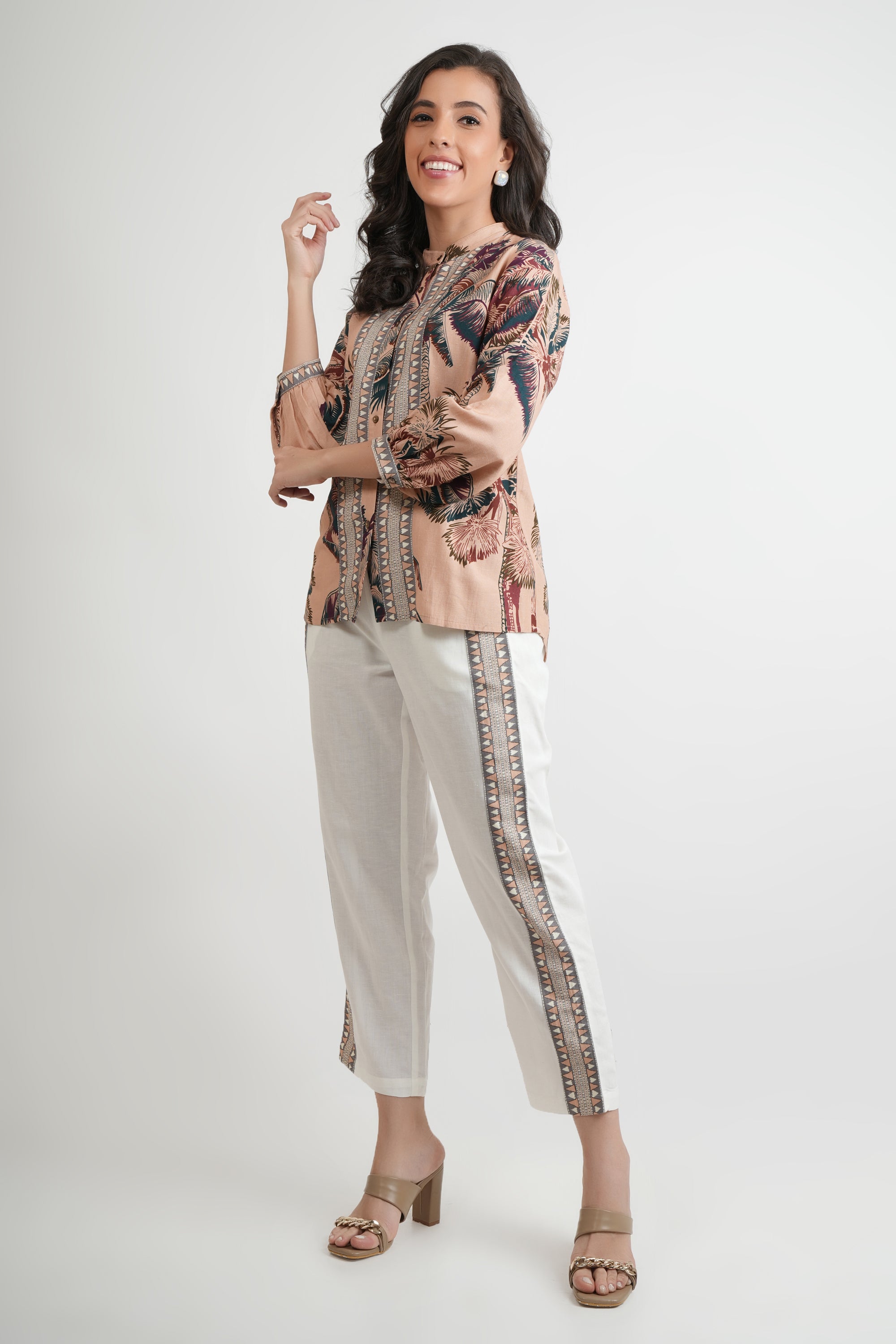 Tropical Print Cotton Mandarin Collar Shirt Pant Co-ord Set