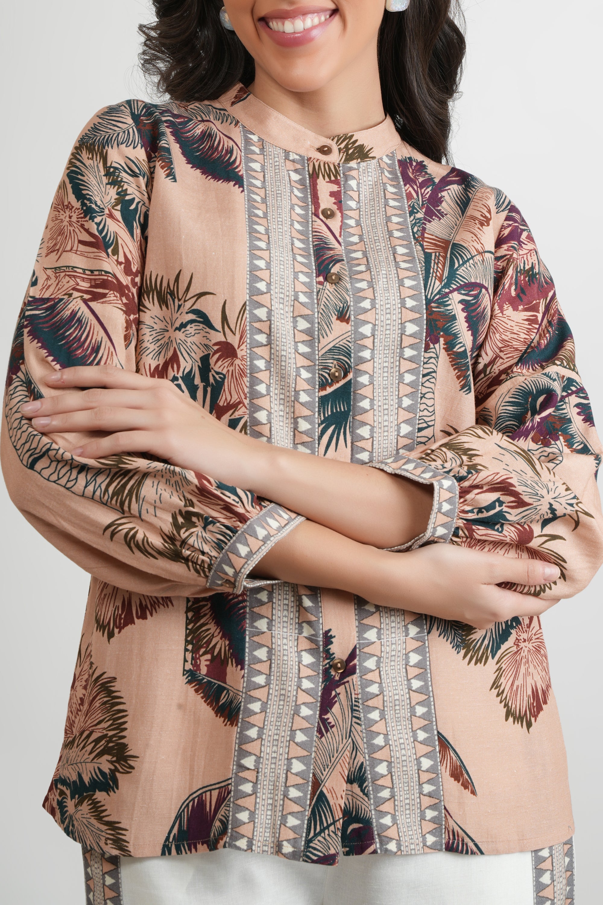 Tropical Print Cotton Mandarin Collar Shirt Pant Co-ord Set