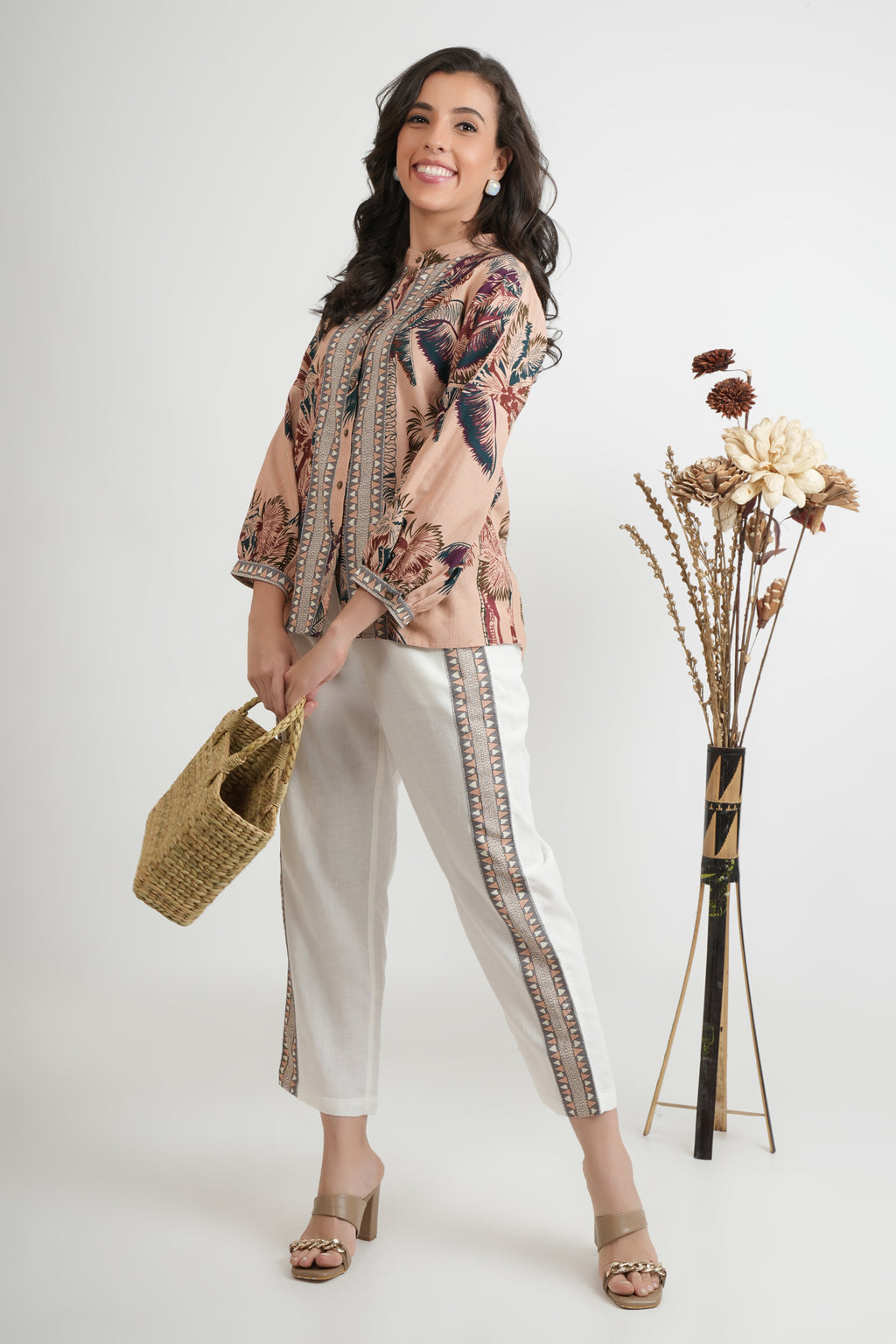 Tropical Print Cotton Mandarin Collar Shirt Pant Co-ord Set