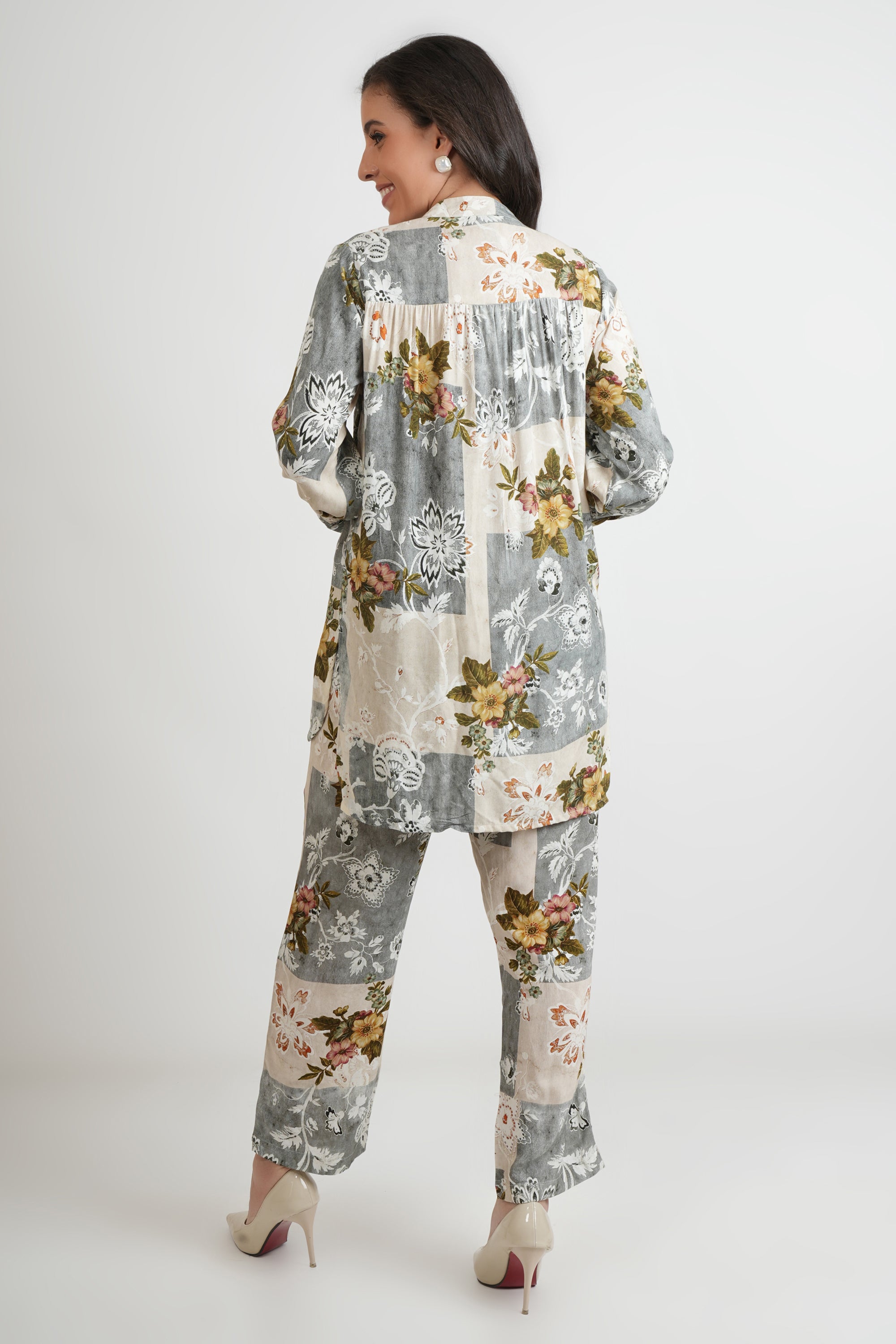 Grey Beige Rayon Multi Print Luxe Pant Shirt Co-ord Set