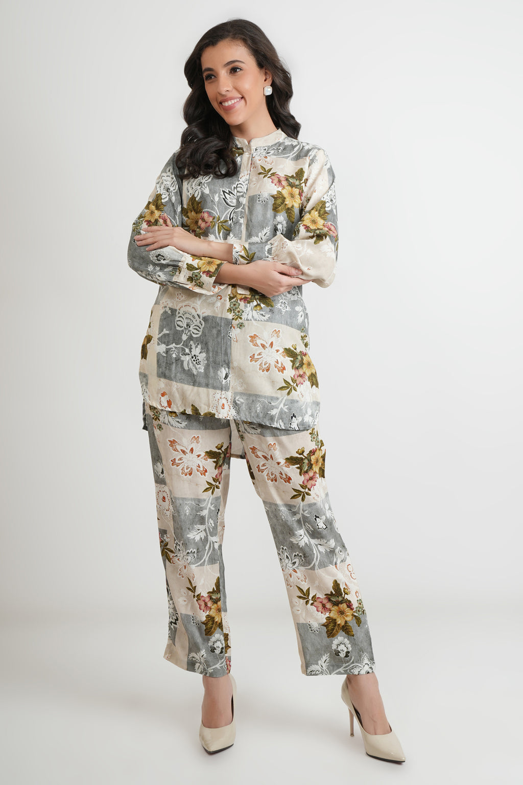 Grey Beige Rayon Multi Print Luxe Pant Shirt Co-ord Set