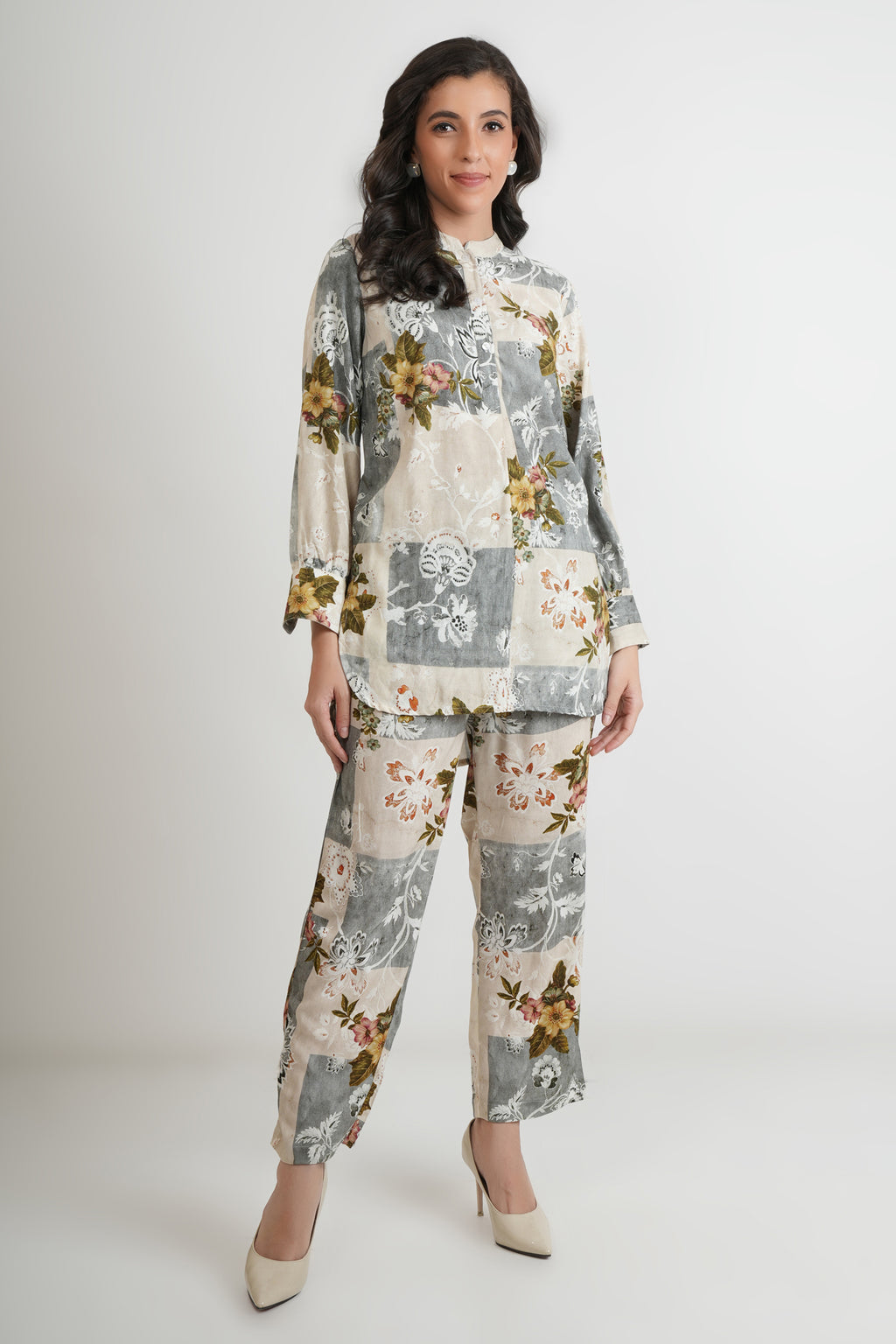 Grey Beige Rayon Multi Print Luxe Pant Shirt Co-ord Set