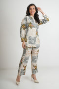 Grey Beige Rayon Multi Print Luxe Pant Shirt Co-ord Set